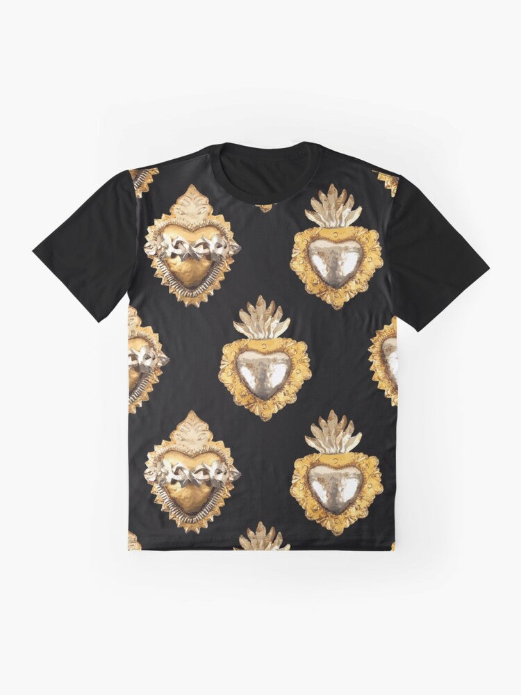 Elegant Mexican heart graphic on a black t-shirt with a metallic, seamless pattern design. - Flat lay