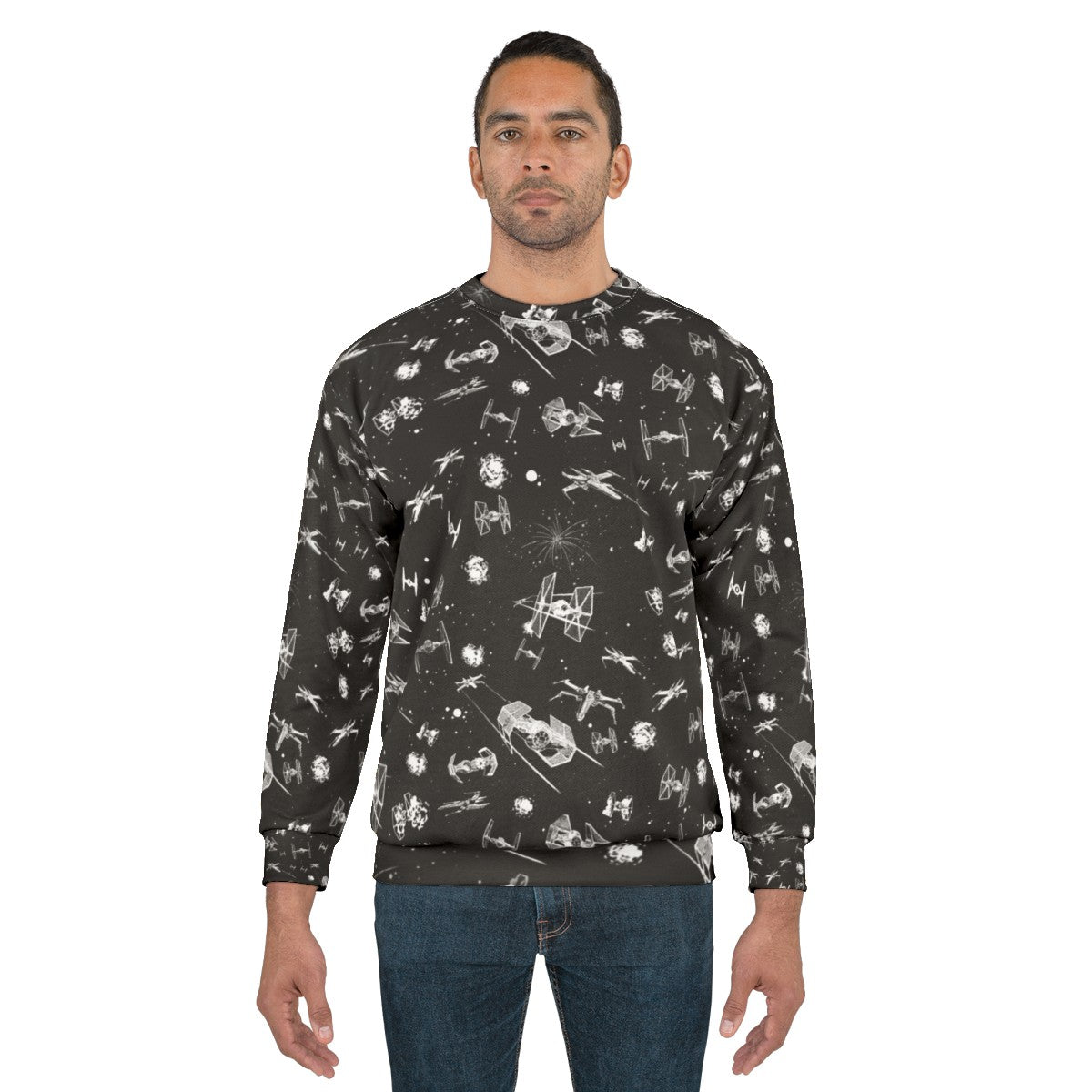 Cosmic Spaceship Battle Sweatshirt featuring space battle scene with spaceships - men