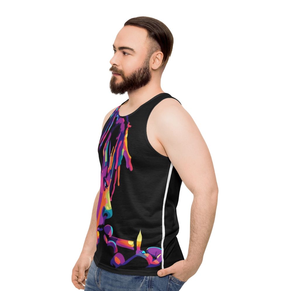 Vibrant pop art unisex tank top with "Legend Never Die 999" design - men side