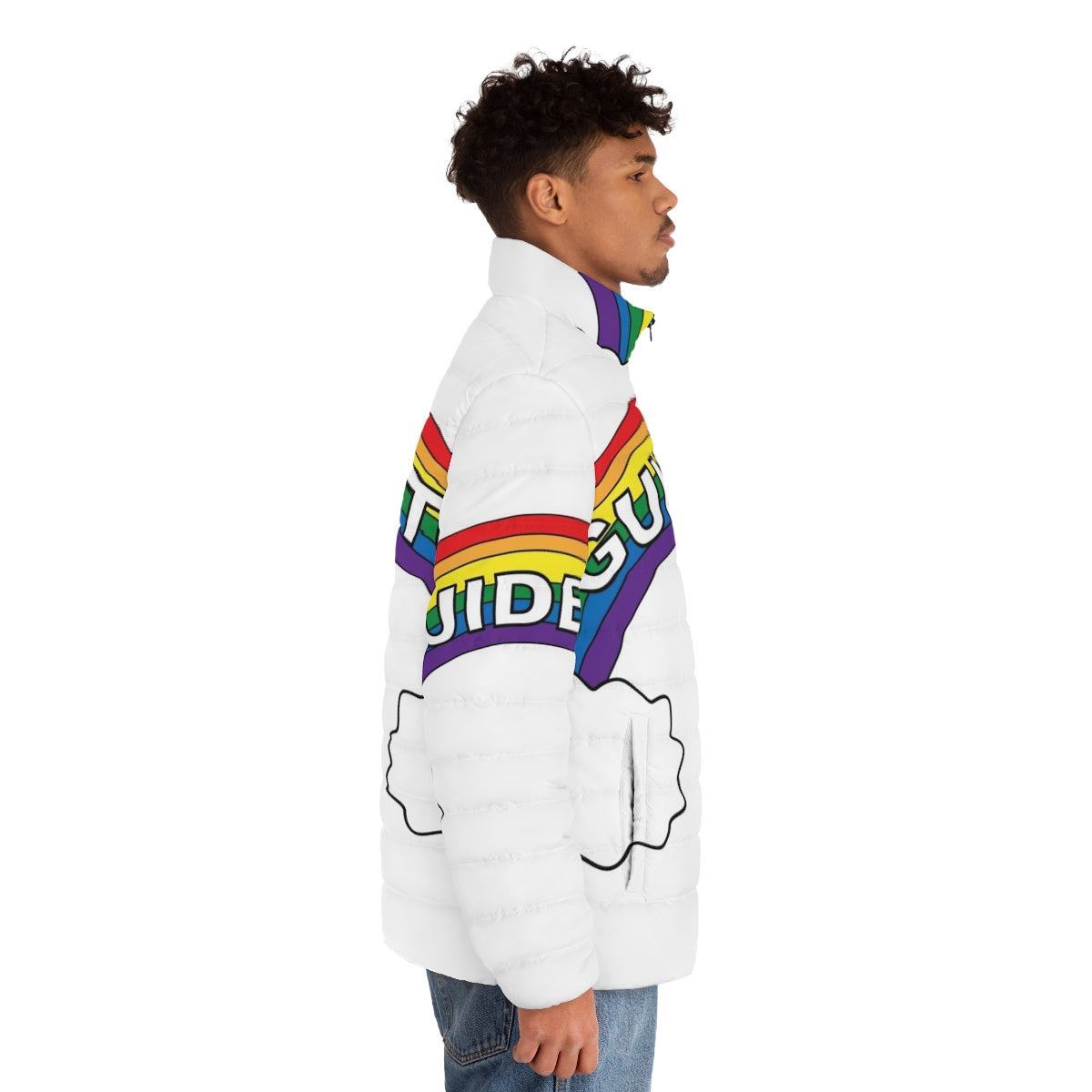 A colorful puffer jacket with the Big Mouth logo, perfect for the winter season. - men side right