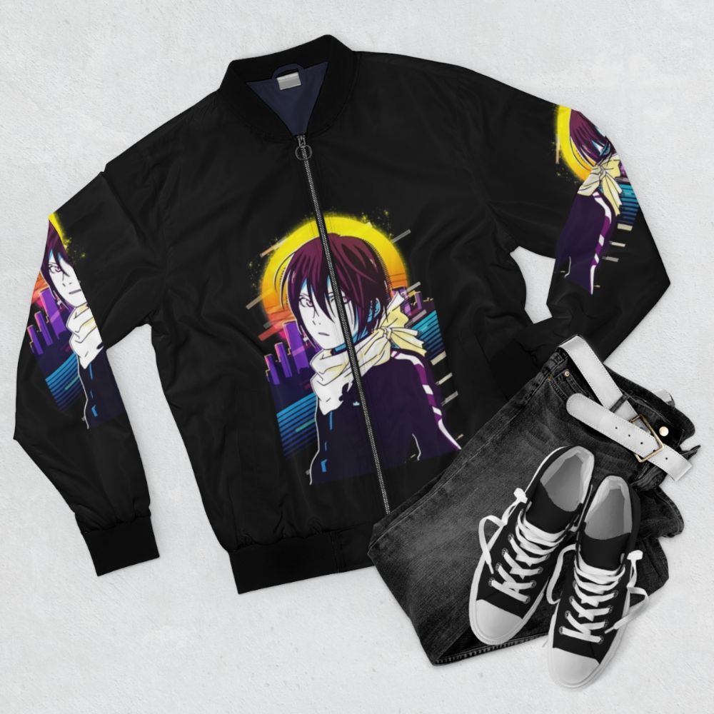 Yato Noragami 80s Retro Bomber Jacket with Anime and Manga Inspired Design - Flat lay