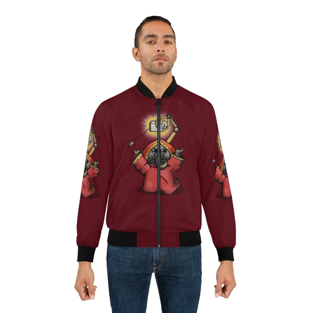 Toaster Priest Bomber Jacket with Warhammer 40k and Adeptus Mechanicus Inspired Design - Lifestyle