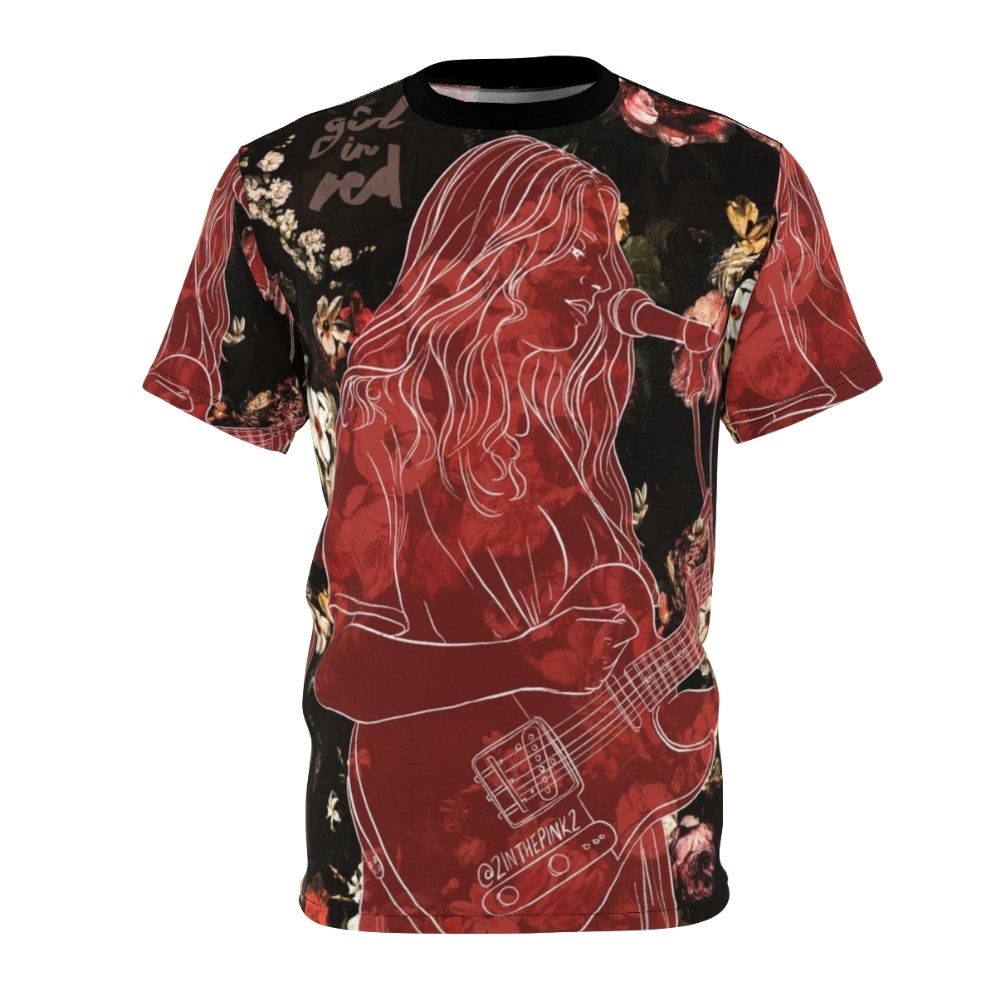 Vibrant floral design t-shirt featuring the girl in red music logo for LGBTQ+ fans