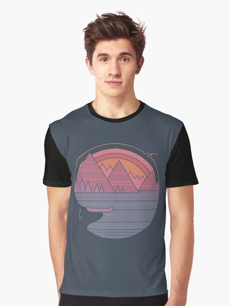 Graphic t-shirt with a minimalist mountain landscape design, perfect for outdoor enthusiasts and adventure-seekers. - Men