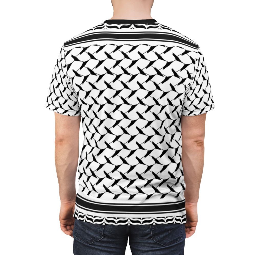 A high-quality t-shirt featuring a Palestinian keffiyeh design with a detailed map of Palestine. - men back