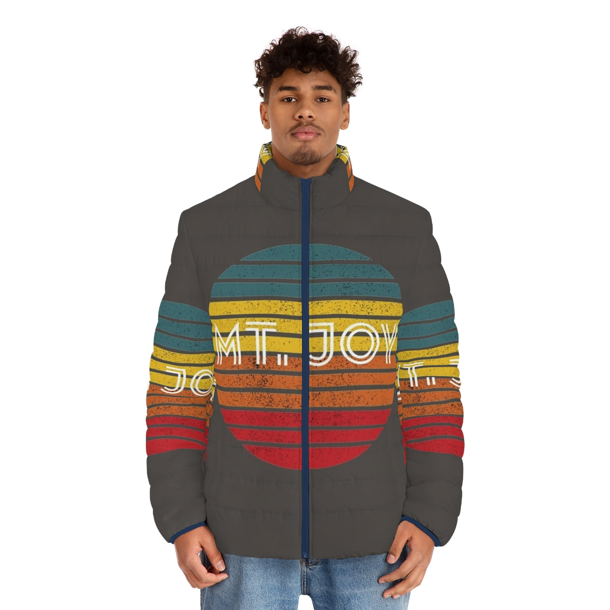 Retro vintage puffer jacket featuring a mountain and sunset design, perfect for music lovers - men front