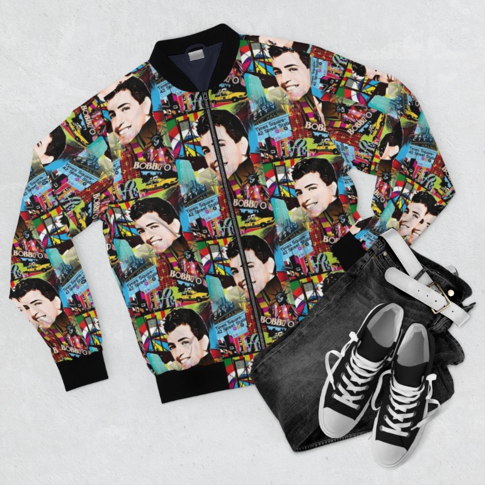 Bobby Orlando Pop Art Bomber Jacket with vibrant colors and graphics - Flat lay