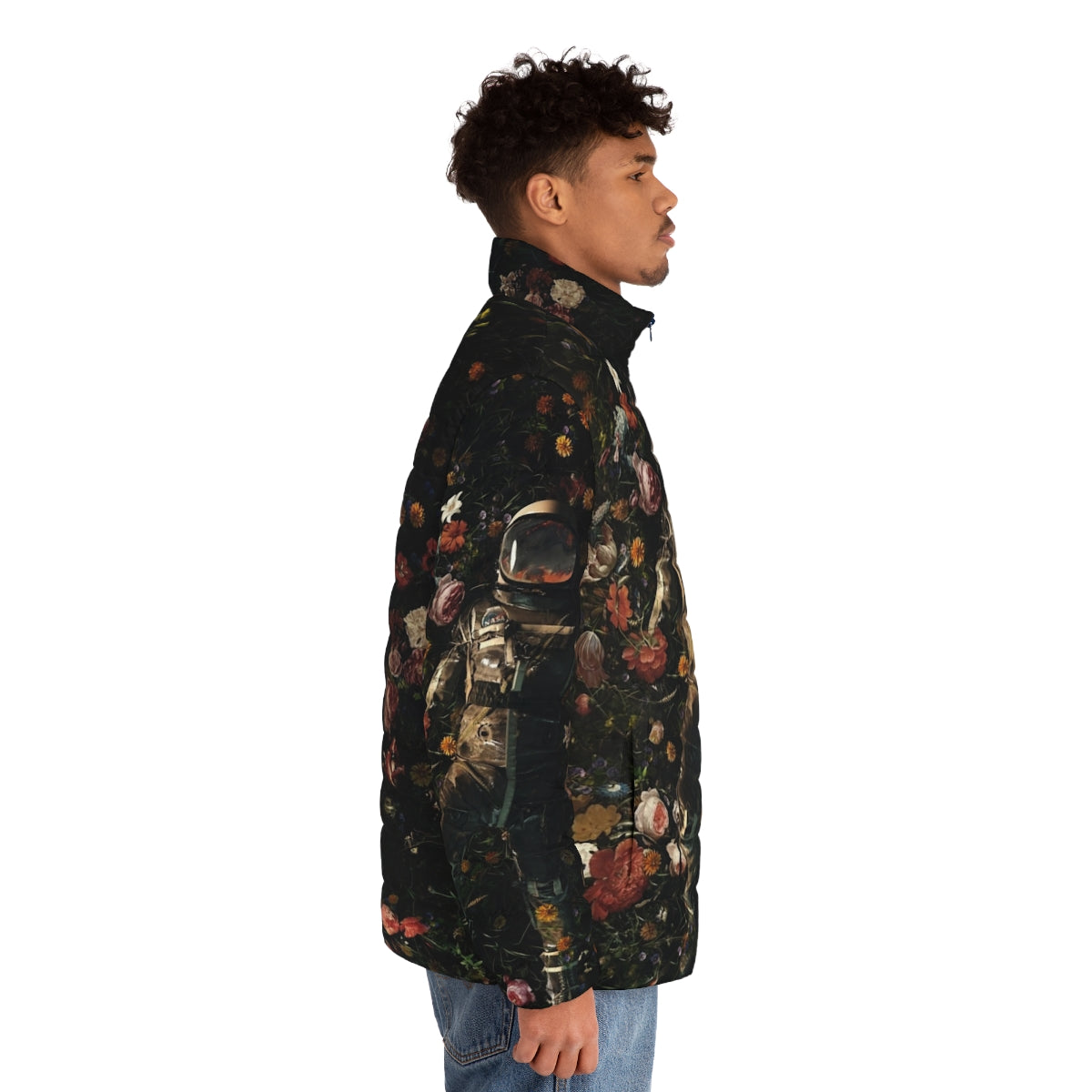 Puffer jacket with cosmic garden and surreal floral design - men side right