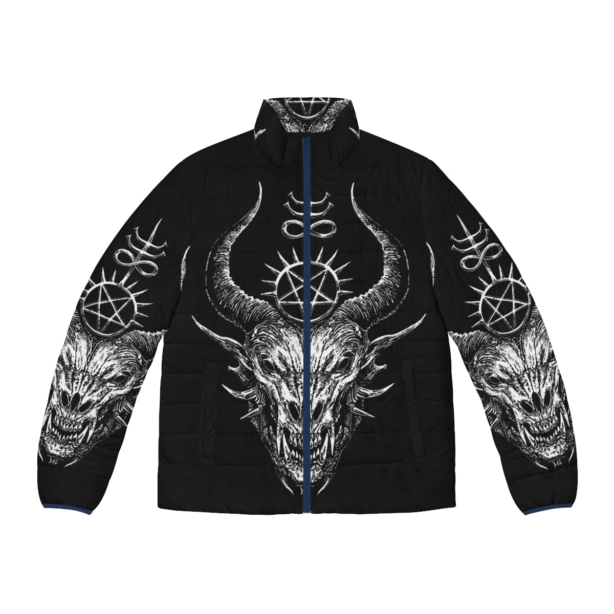 Dark puffer jacket with satanic and demonic design