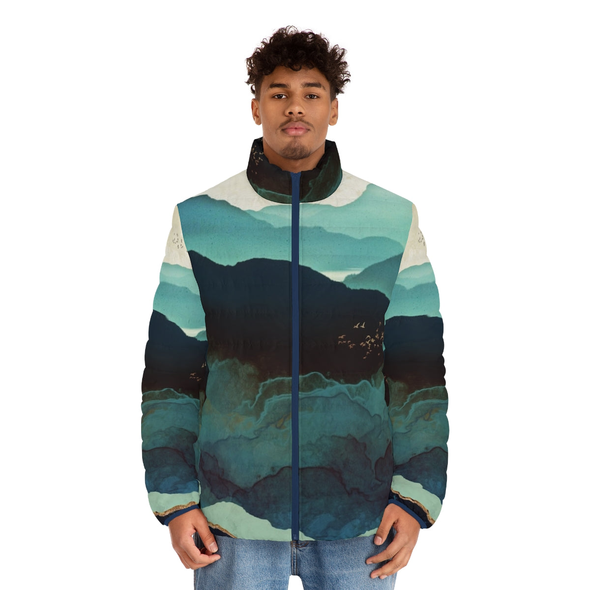 Indigo Mountains Puffer Jacket with abstract watercolor landscape design - men front