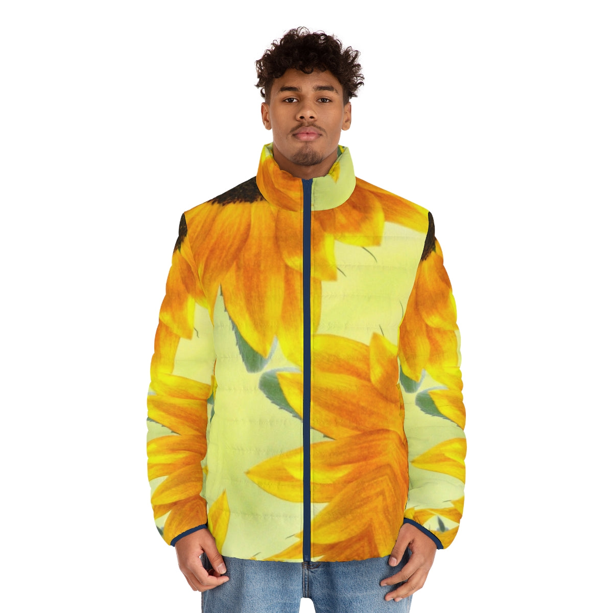 Sunflower patterned puffer jacket with yellow and black design - men front