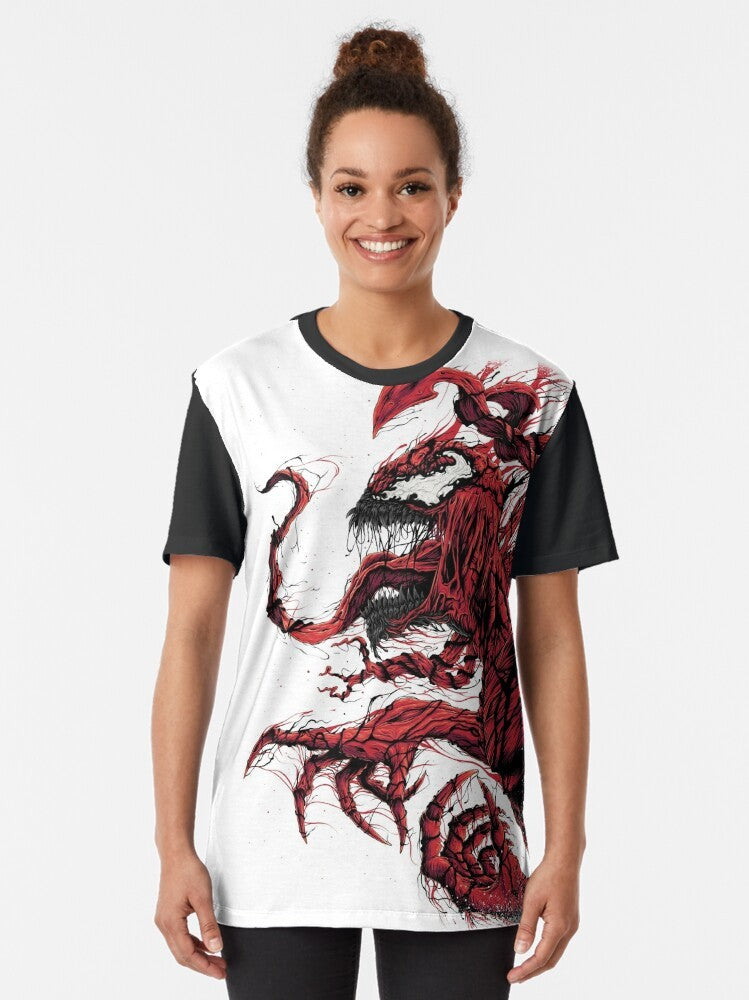 Red symbiote graphic t-shirt with comic book-inspired carnage spider design - Women