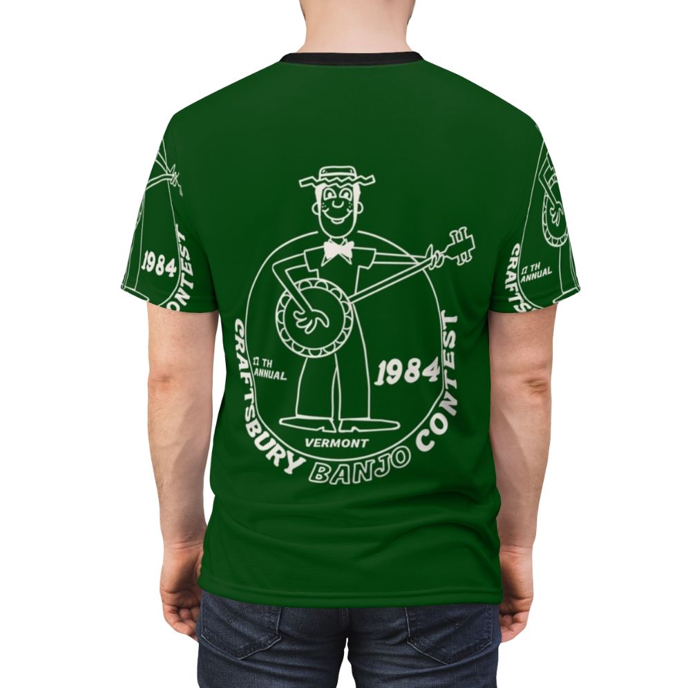 Retro 1980s style t-shirt with a banjo player and horror theme - men back