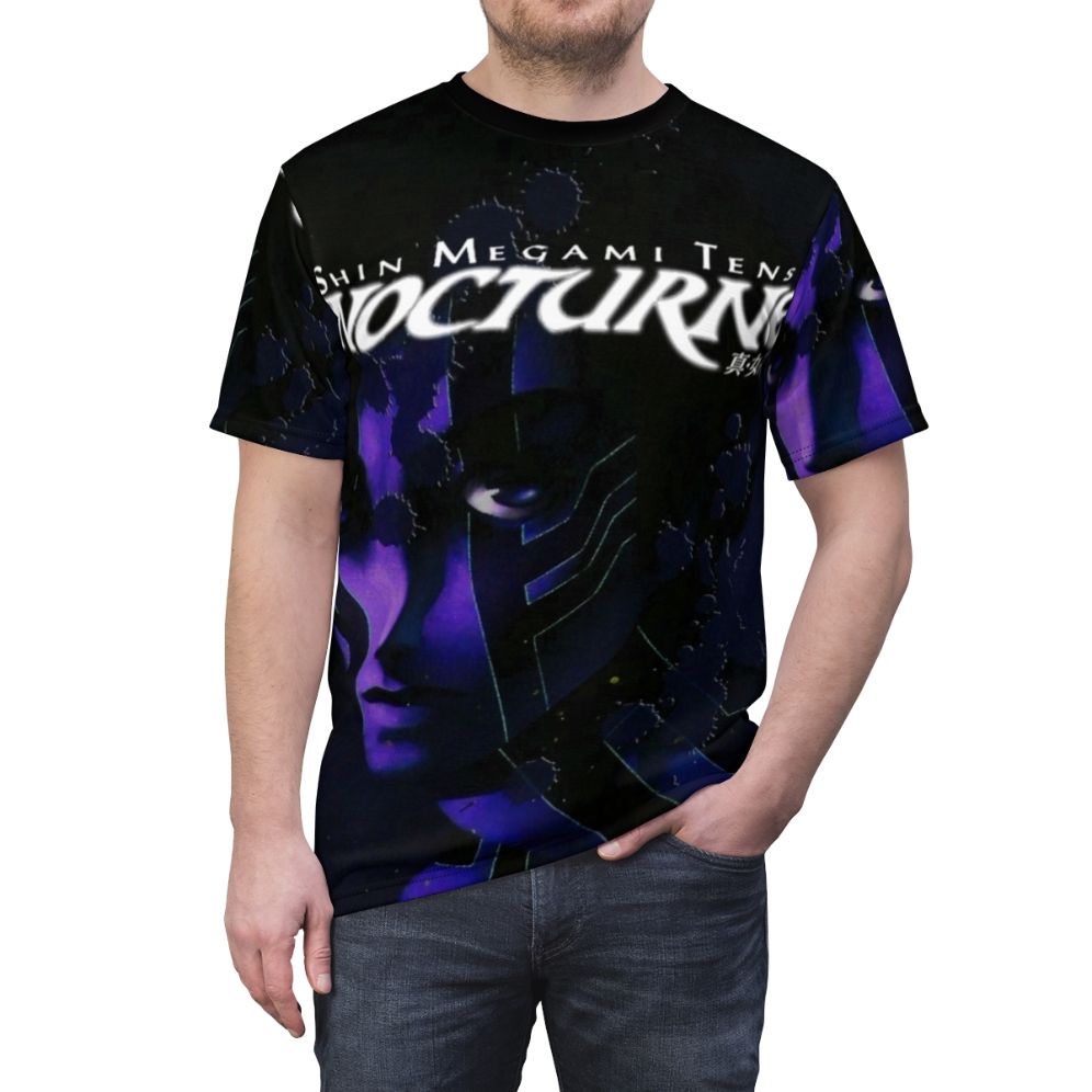 Shin Megami Tensei Nocturne inspired t-shirt with demifiend design, featuring retro gaming elements - men front