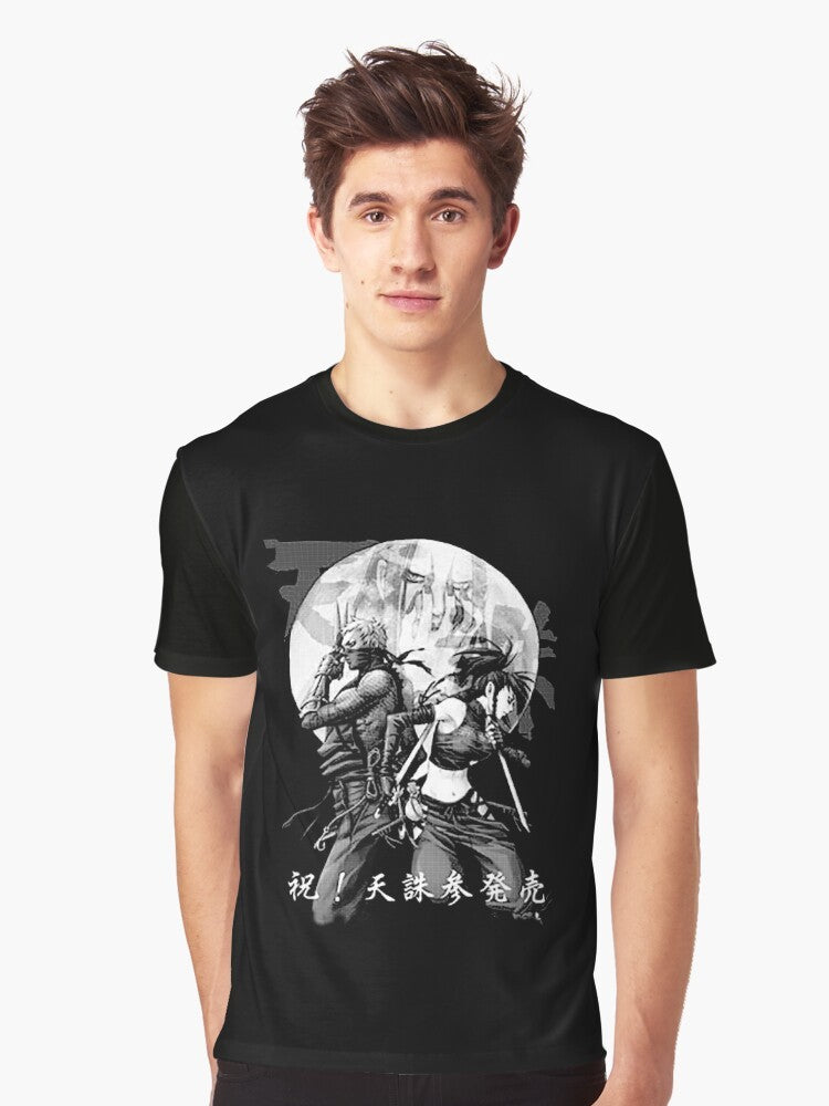 Ninja graphic t-shirt featuring anime-inspired design with samurai elements and Japanese symbols. - Men