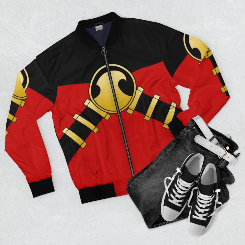 Red Robin Graphic Bomber Jacket - Iconic Superhero Apparel - Flat lay