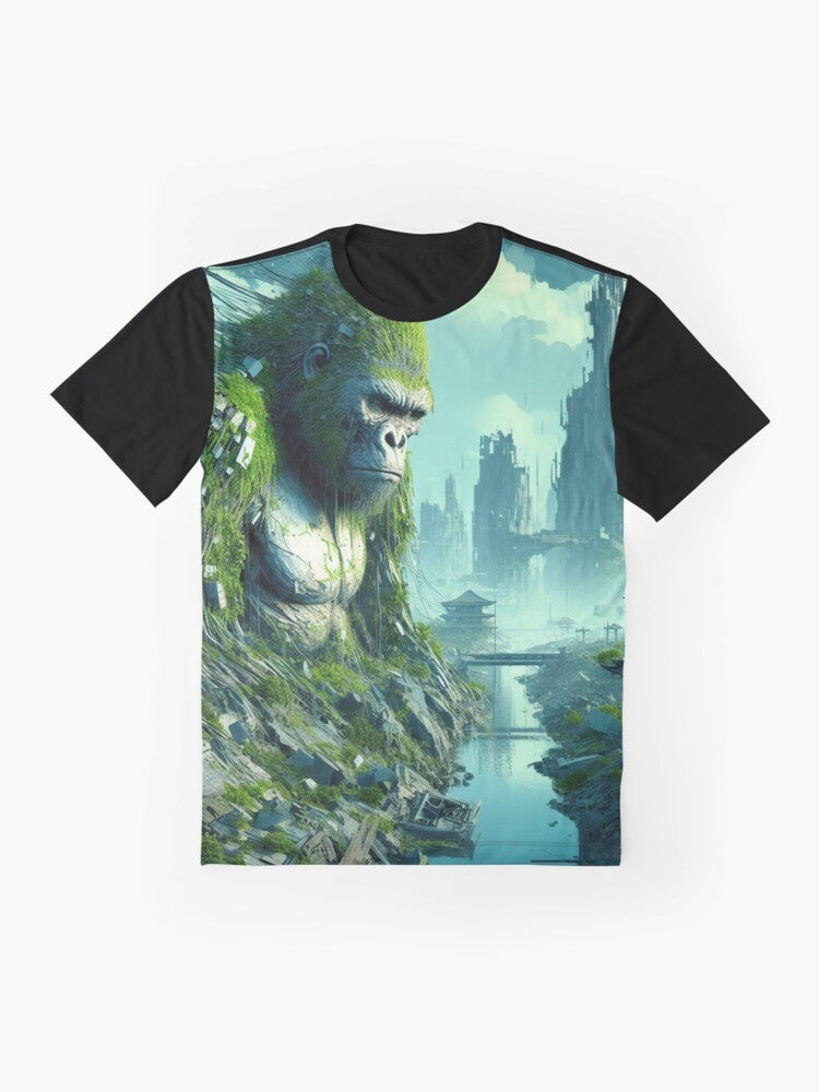 Gorilla mountain graphic on a t-shirt, featuring a nature landscape - Flat lay