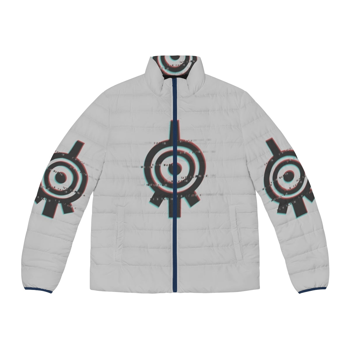 A light puffer jacket featuring the Xana emblem from Code Lyoko, with a glitching effect