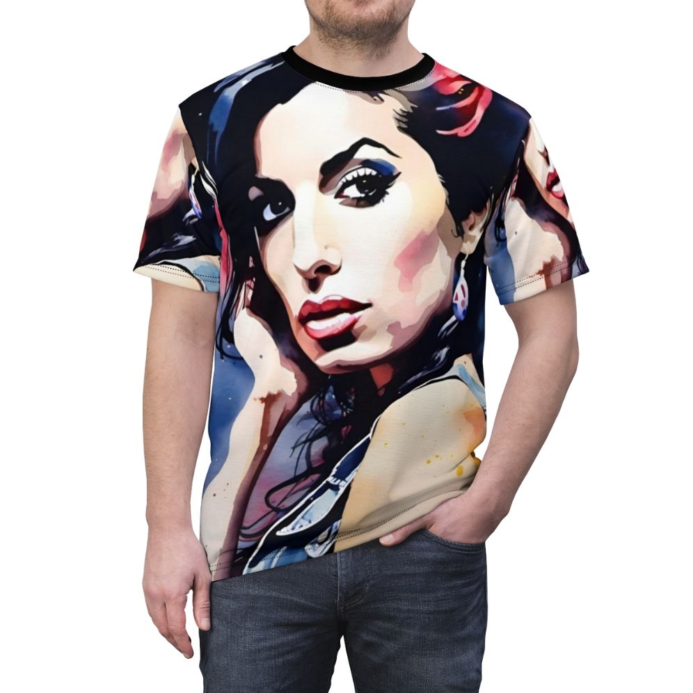 Watercolor art t-shirt featuring a portrait of singer-songwriter Amy Winehouse - men front