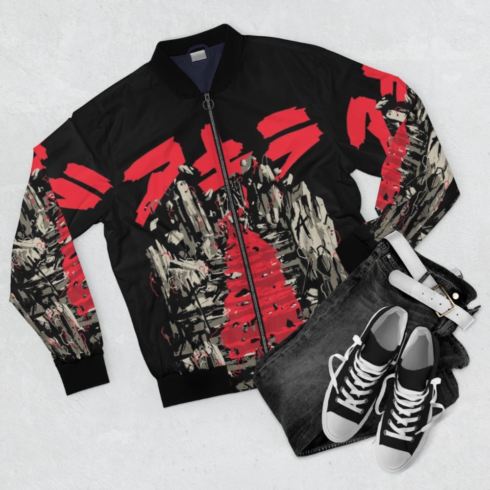 Akira retro bomber jacket featuring vintage Japanese anime and cyberpunk inspired design. - Flat lay