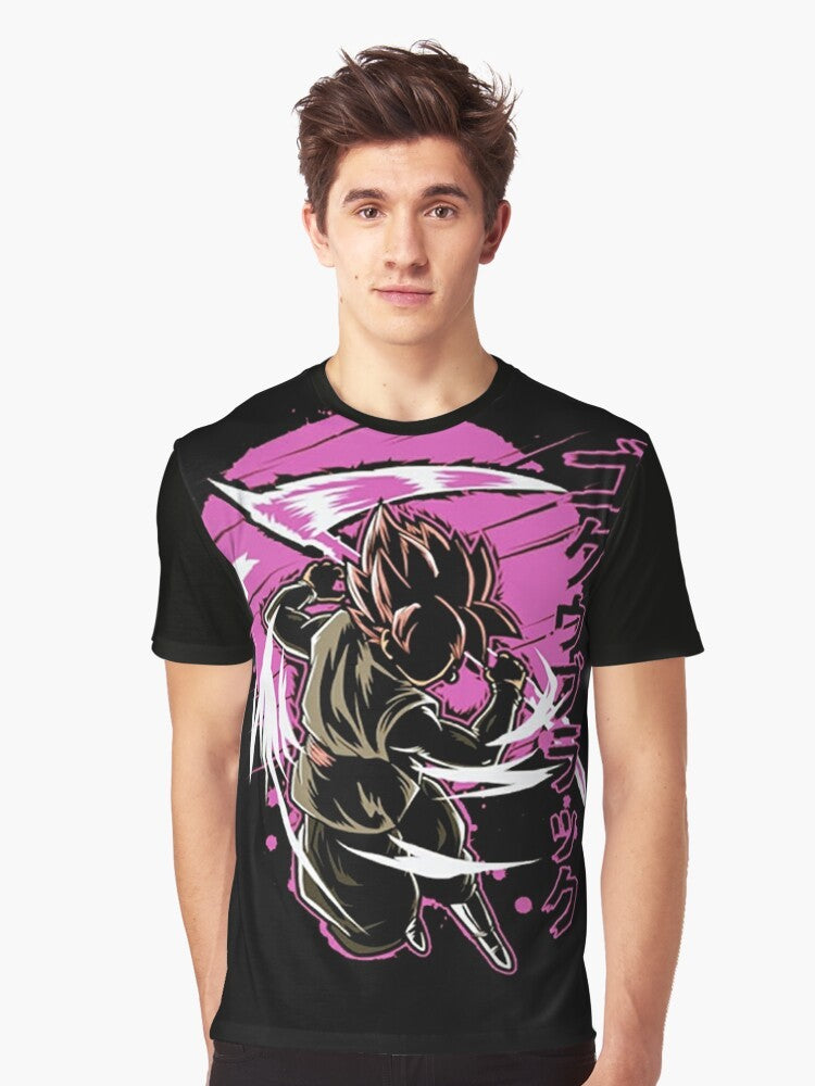 A black and pink graphic t-shirt featuring Goku Black, the villain from Dragon Ball Super. - Men