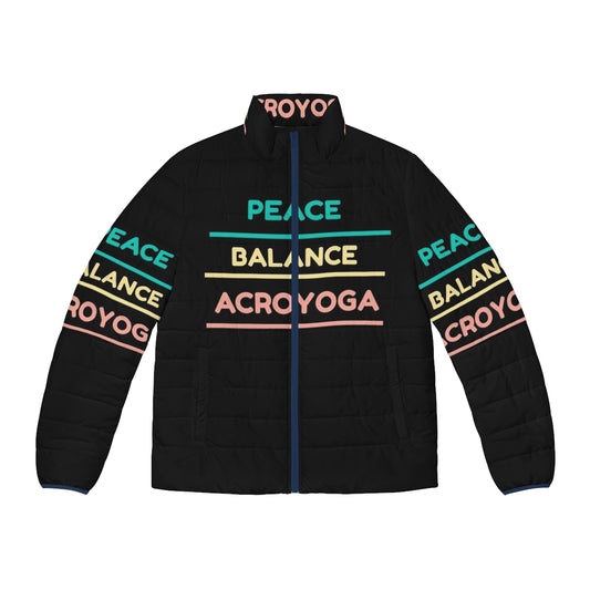 Acroyoga puffer jacket with pink, blue, and yellow colors and typography