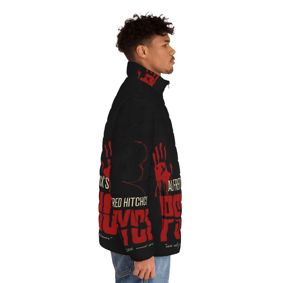 Alfred Hitchcock Psycho Puffer Jacket with birds and red and black color scheme - men side right