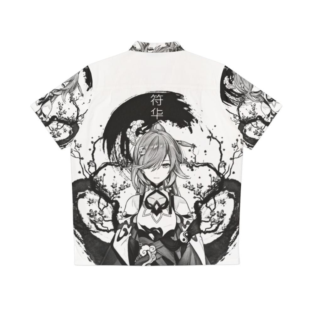 Anime-inspired monochrome Hawaiian shirt with ink splatters and gaming character designs - Back