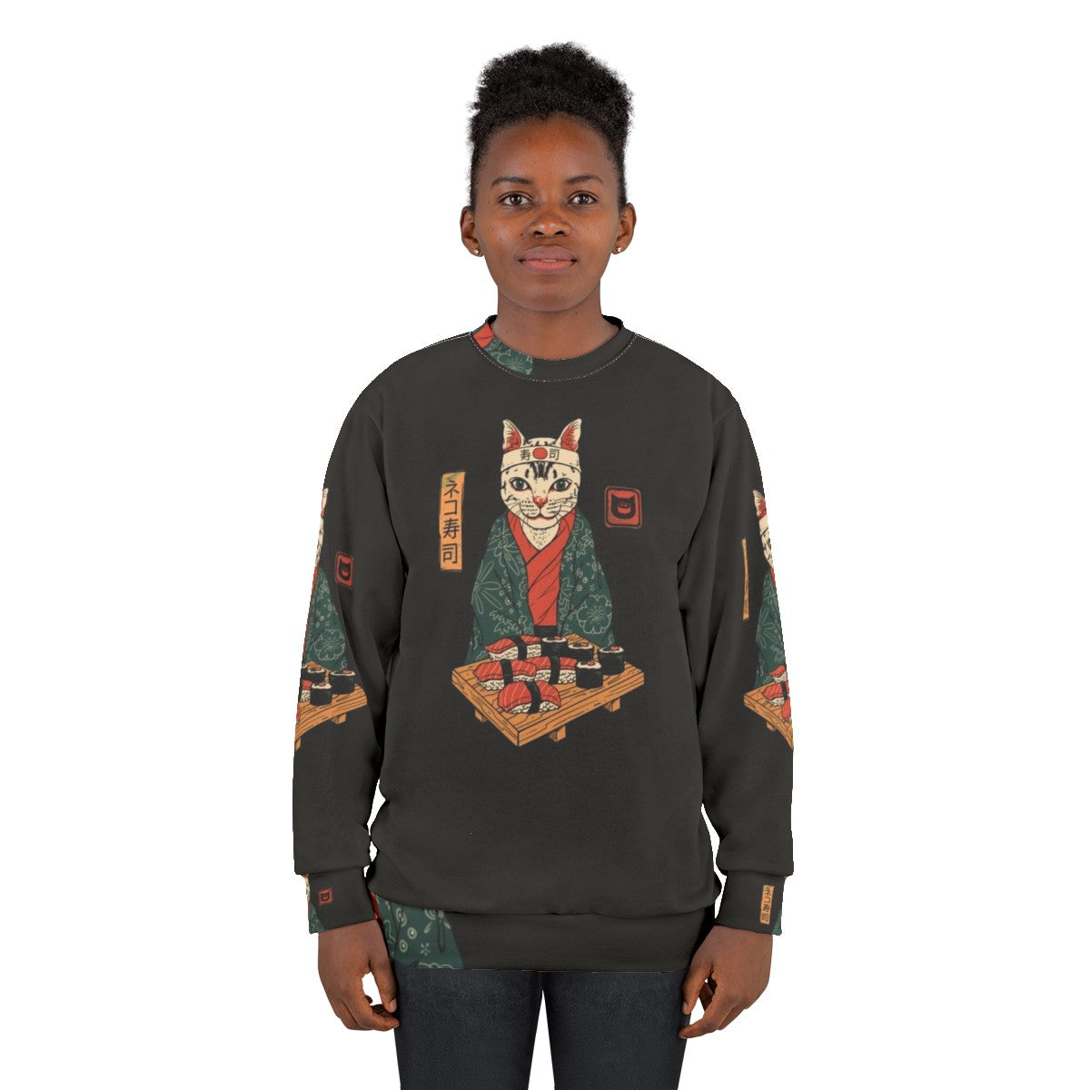 Neko Sushi Bar Sweatshirt featuring a cute cat with sushi elements - women