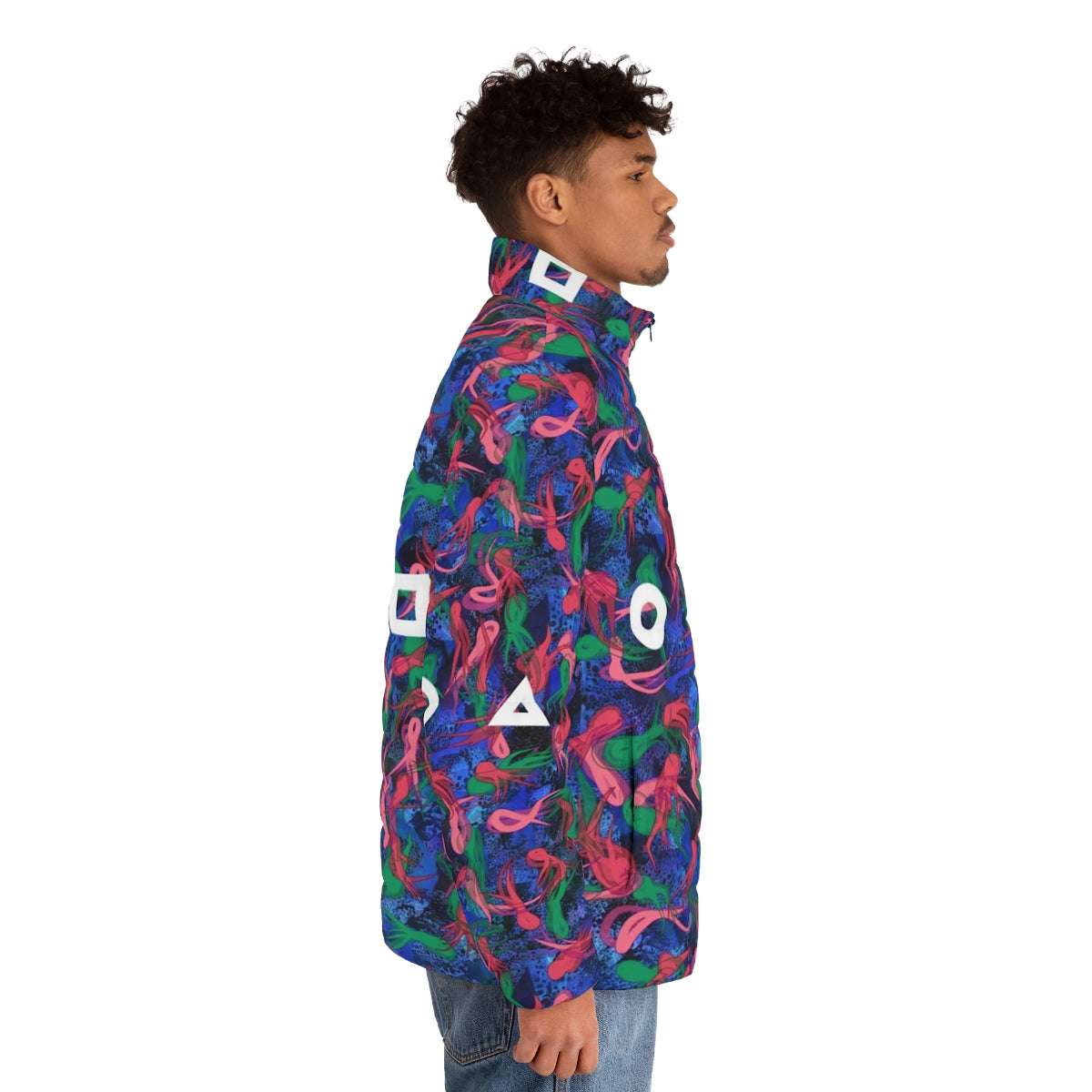 Squid Game Survival Pattern Puffer Jacket with Vibrant Colorful Design - men side right