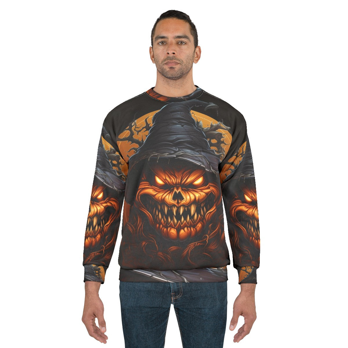 Sinister Halloween Pumpkin Sweatshirt with Demonic Pumpkin Design - men