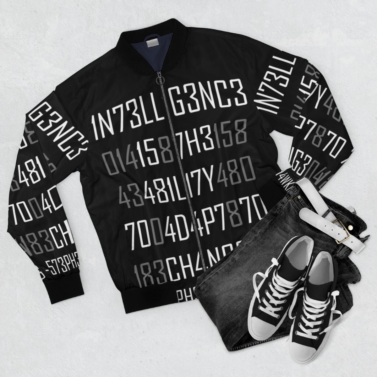 Adapt or Die Encoded Bomber Jacket with Science and Intelligence Graphic - Flat lay