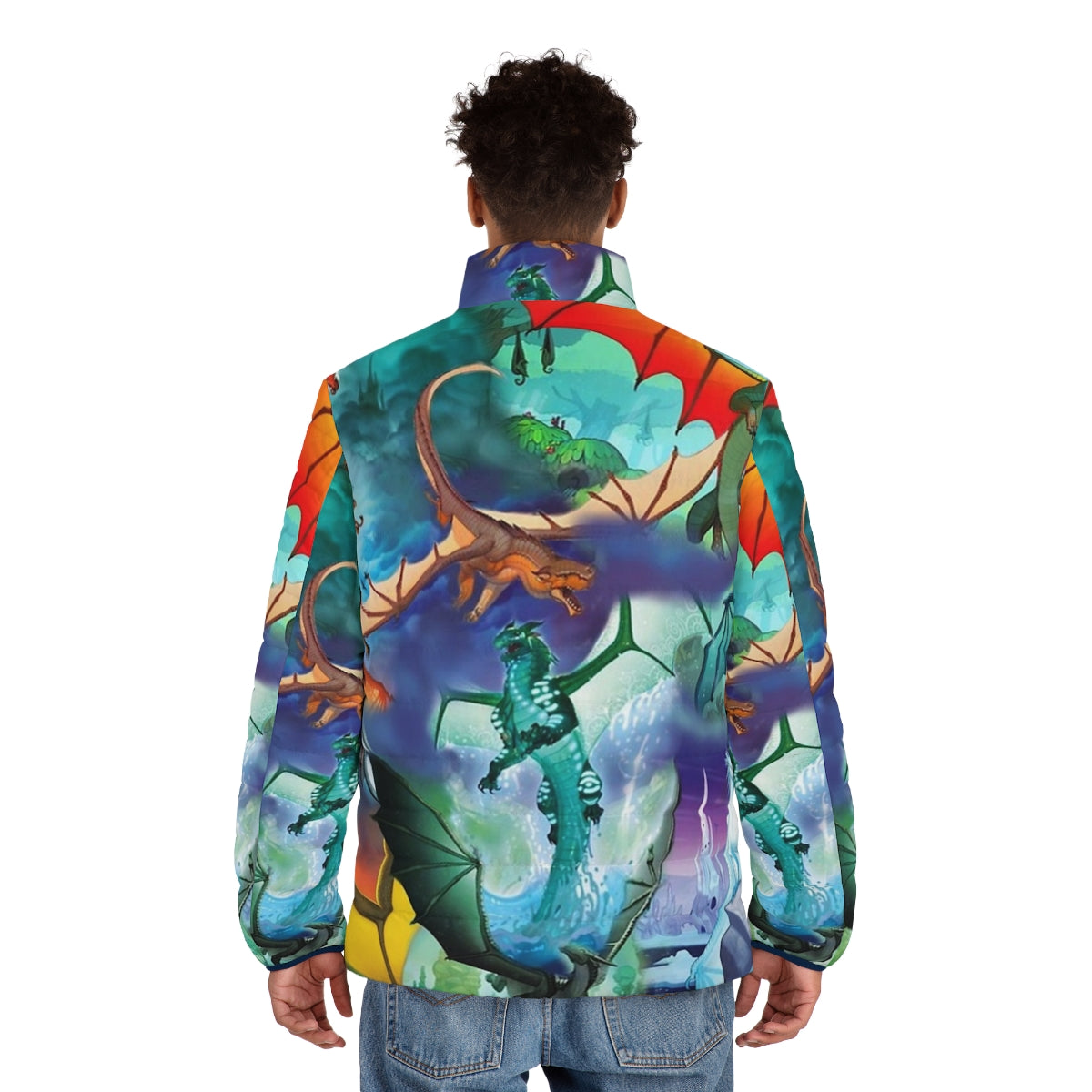 Dragon puffer jacket with colorful all dragon pattern background - men back