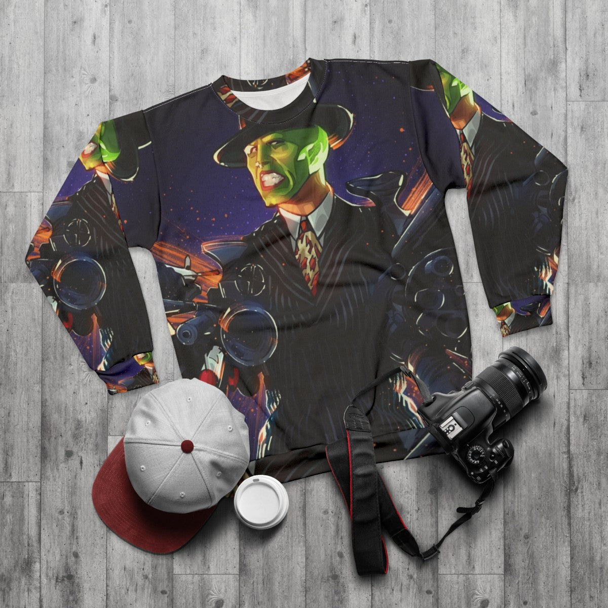 The Mask Sweatshirt 3 featuring the iconic green superhero character from the Jim Carrey comedy - flat lay