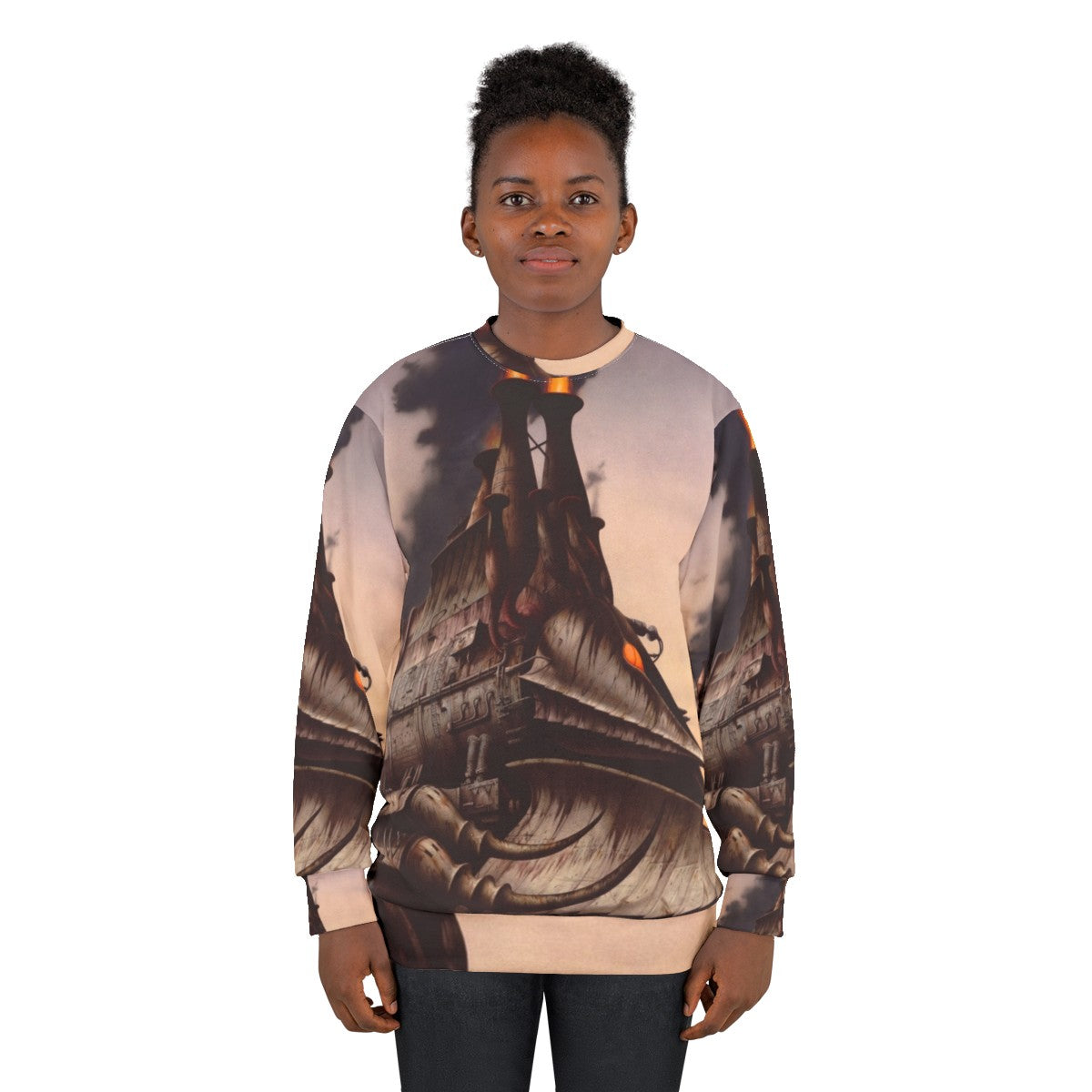 The Heavy Metal Hero Sweatshirt featuring fantasy art, locomotive, and steam punk design - women