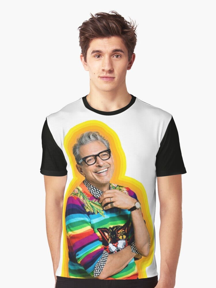 Colorful graphic t-shirt featuring a meme design with Jeff Goldblum and the text "Jeff Goldblum of Happiness" - Men