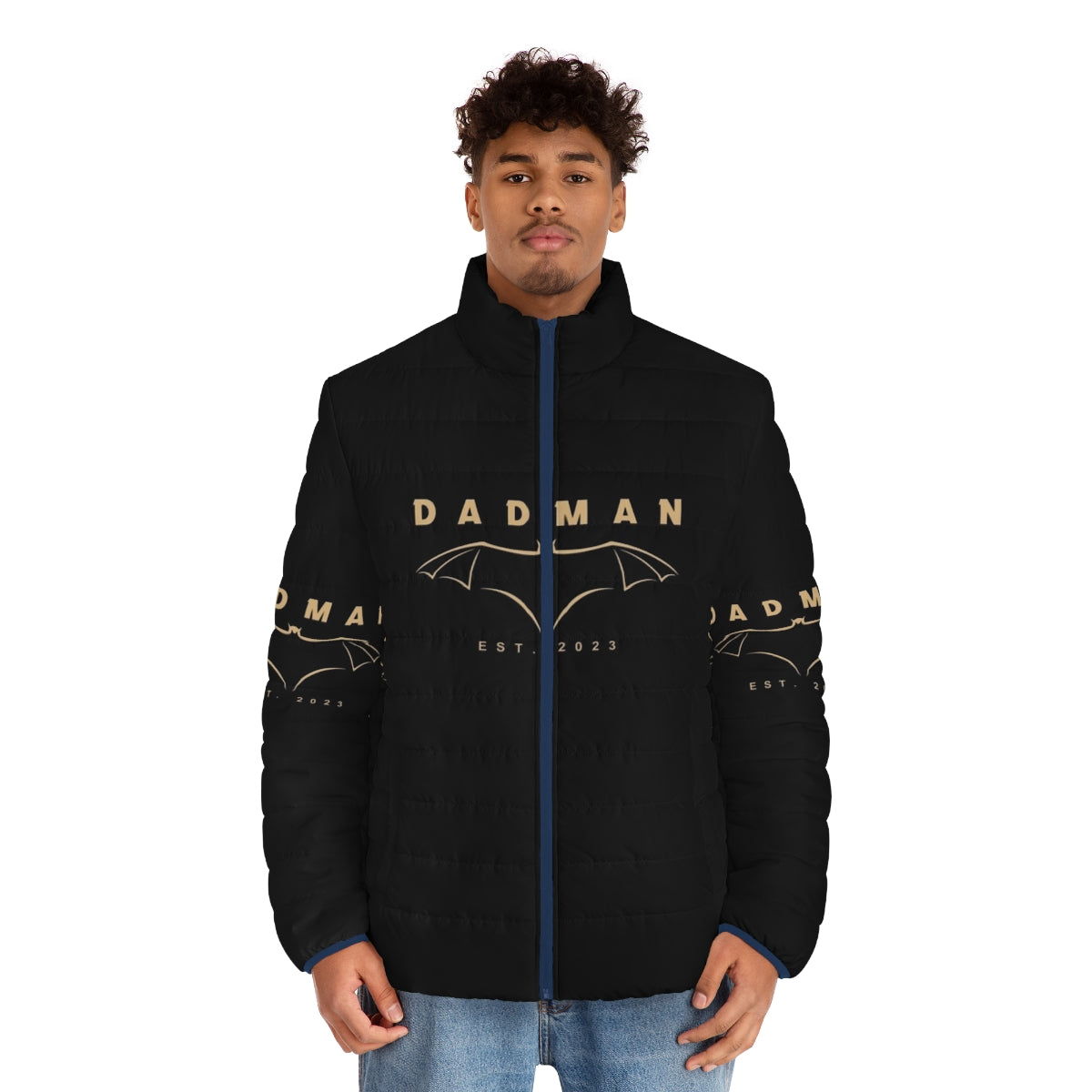 A puffer jacket with a superhero design featuring a dad character - men front