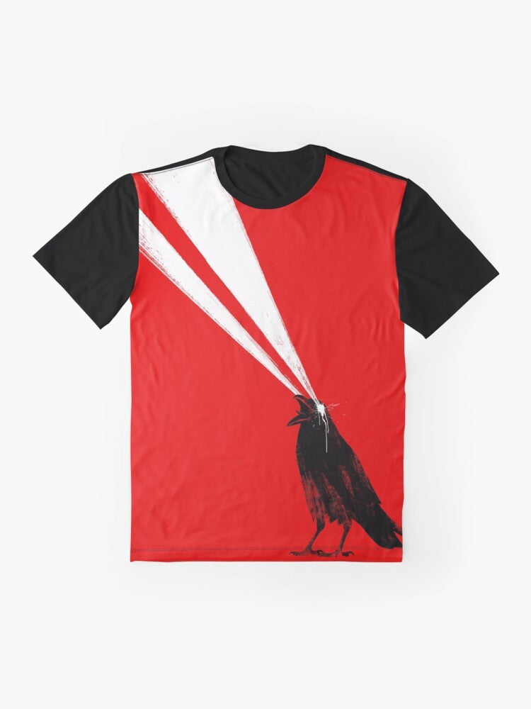 Laser crow graphic design on a black t-shirt with a retro, horror-inspired style. - Flat lay