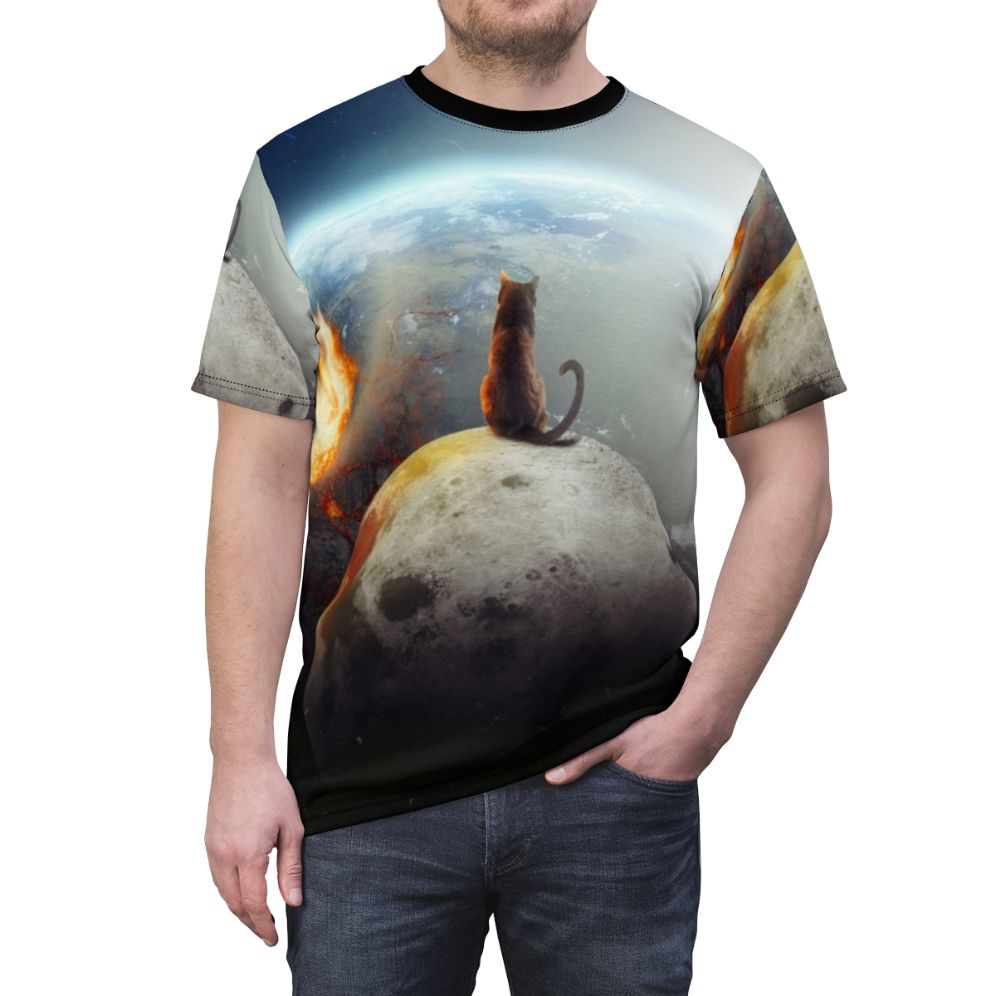 A t-shirt featuring a unique photomanipulation design of a cat in a sci-fi, fantasy space setting. - men front