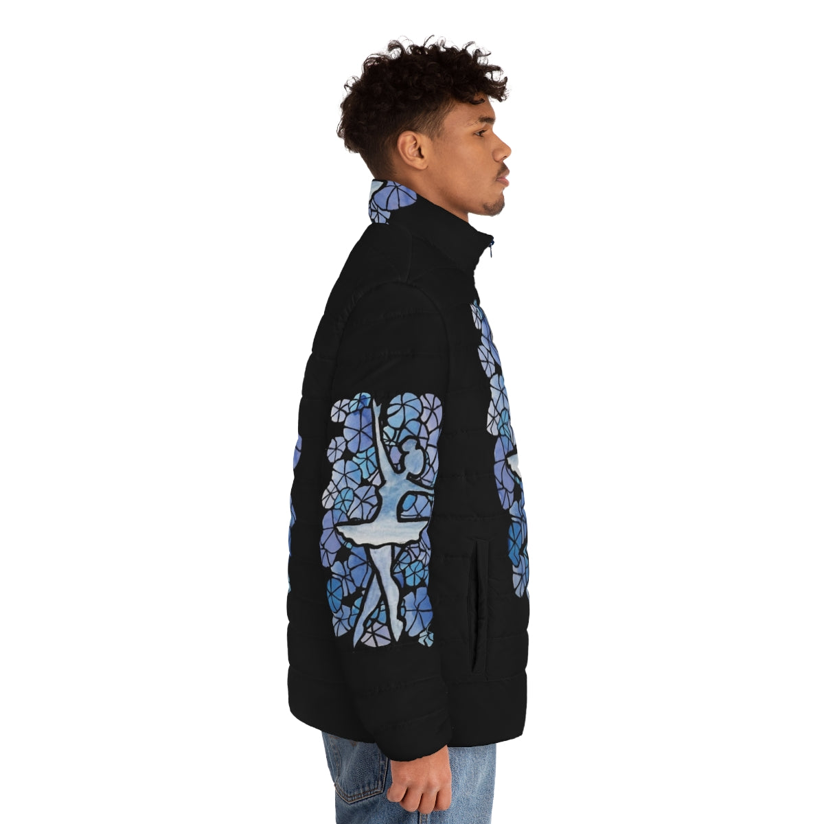 Model wearing a cozy blue puffer jacket with a ballet-inspired design - men side right