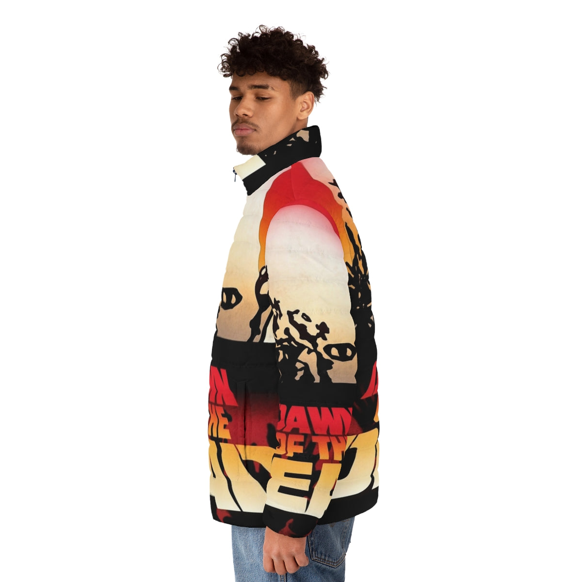 Dawn of the Dead inspired puffer jacket with zombie and horror movie graphics - men side left