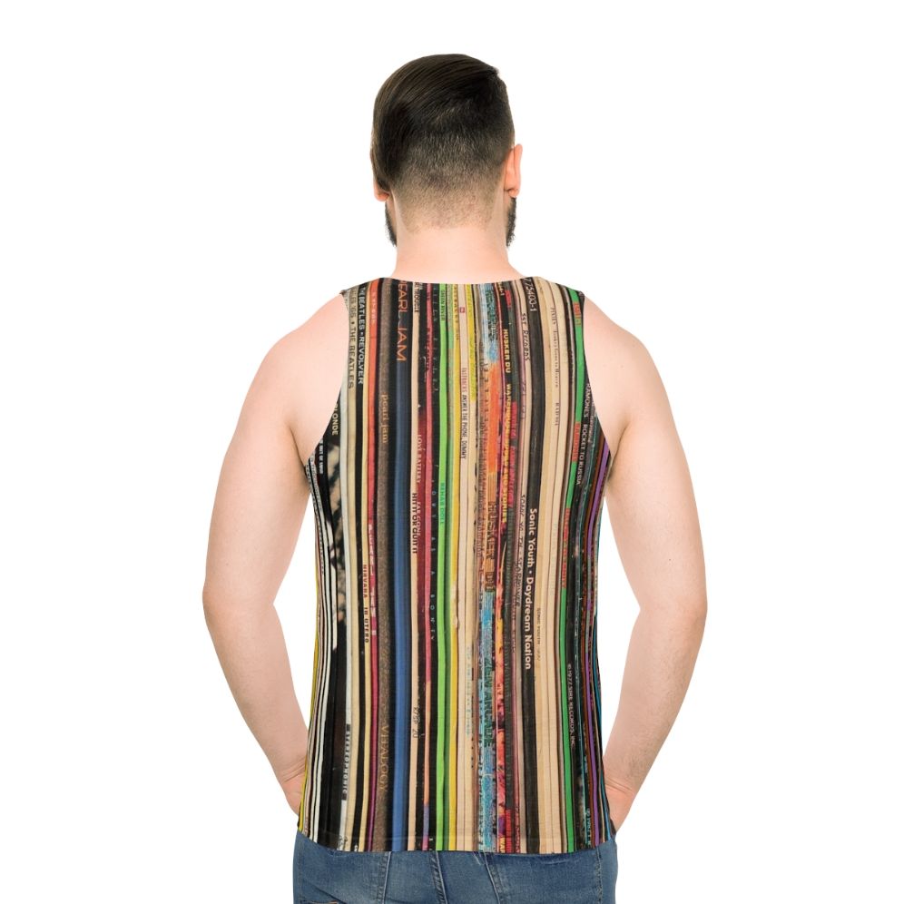 Unisex record collector tank top featuring vinyl records and turntable - men back