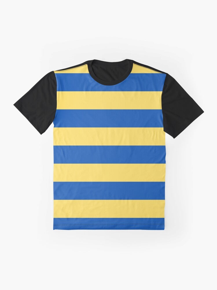 Blue and yellow striped graphic t-shirt with horizontal stripes pattern - Flat lay