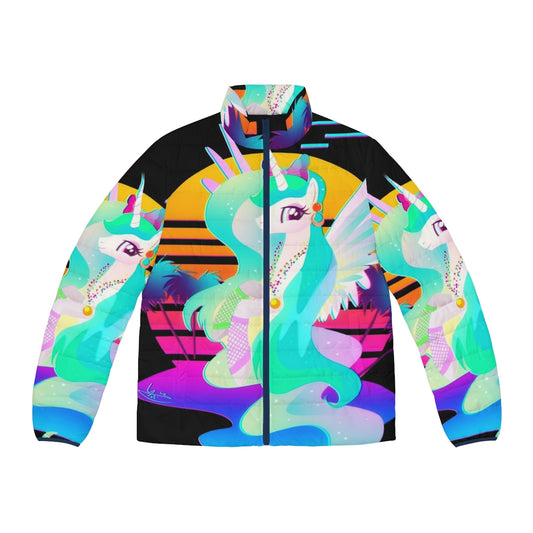 Synthwave Princess Celestia Puffer Jacket with retro 80s MLP design