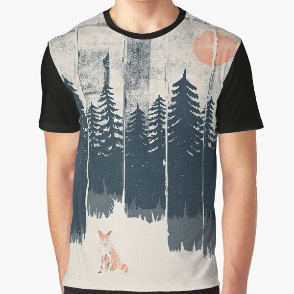 Graphic illustration of a fox in the wild, surrounded by mountains and trees