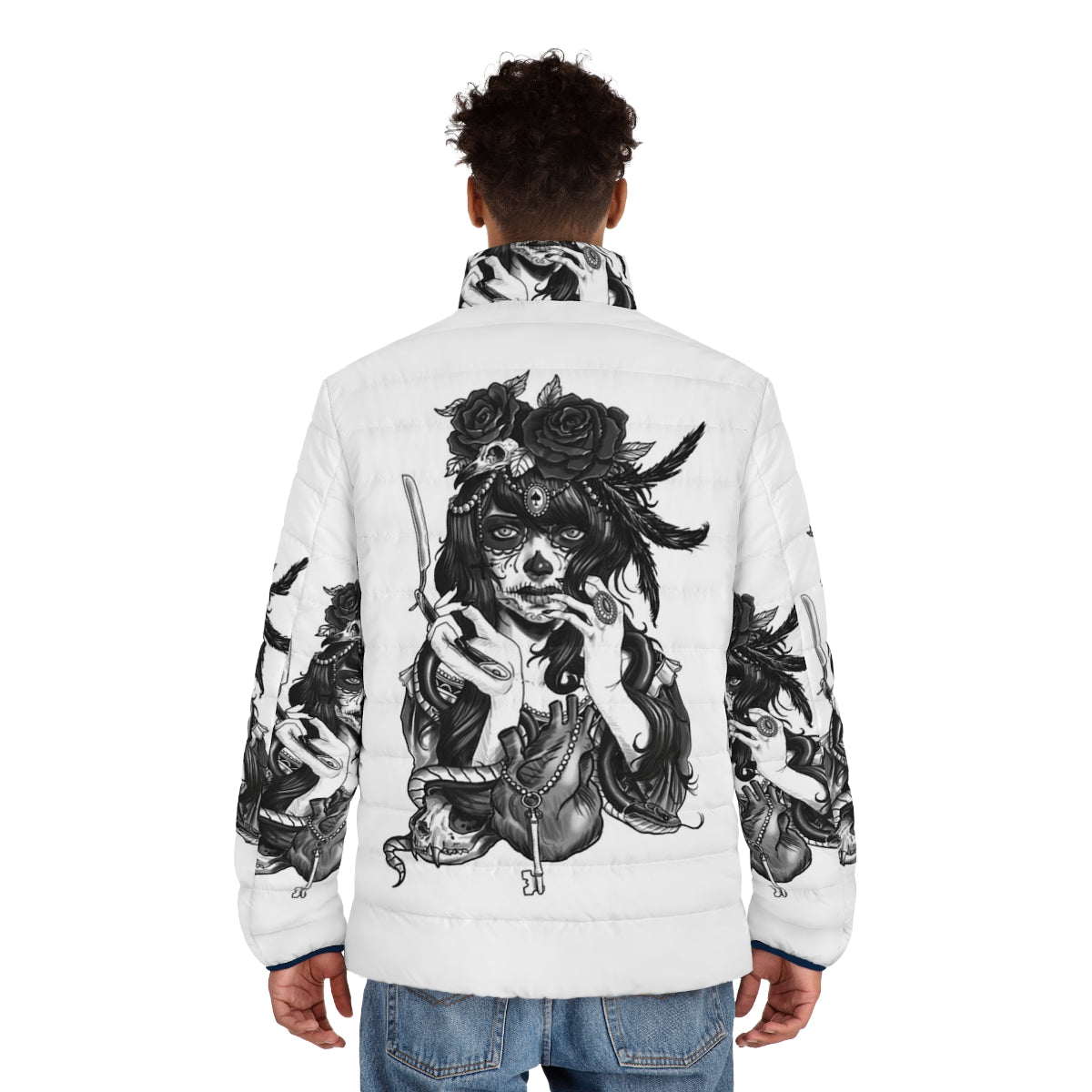 Dia De Los Muertos inspired sugar skull puffer jacket featuring traditional Mexican design elements - men back