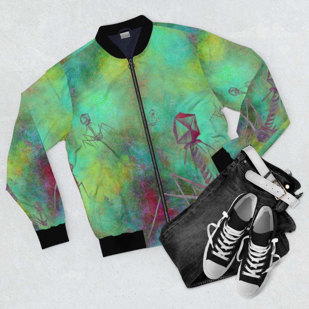 A bomber jacket featuring a graphic design of a bacteriophage, a virus that infects bacteria. - Flat lay