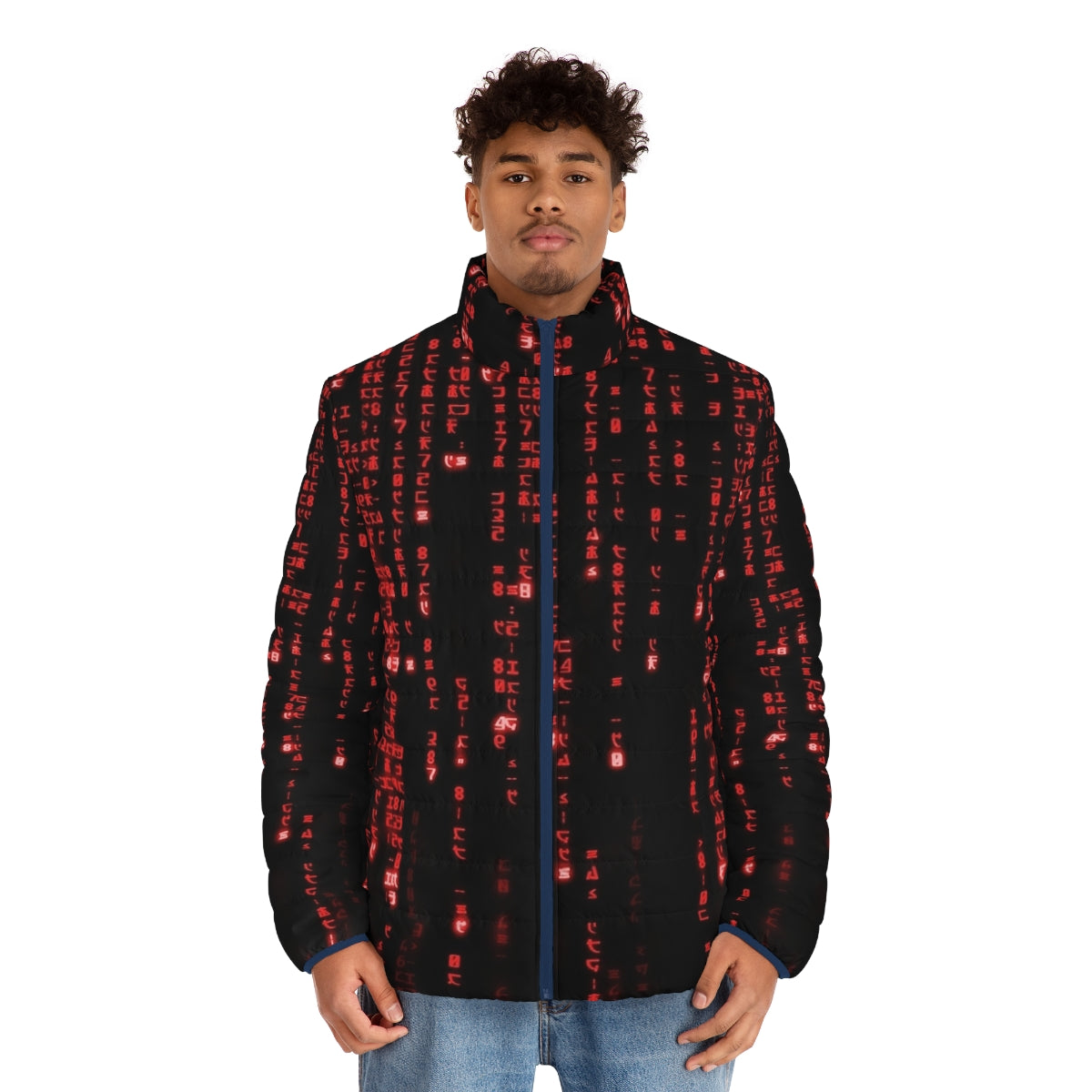 The Red Matrix Code Puffer Jacket with binary code and futuristic graphic design - men front