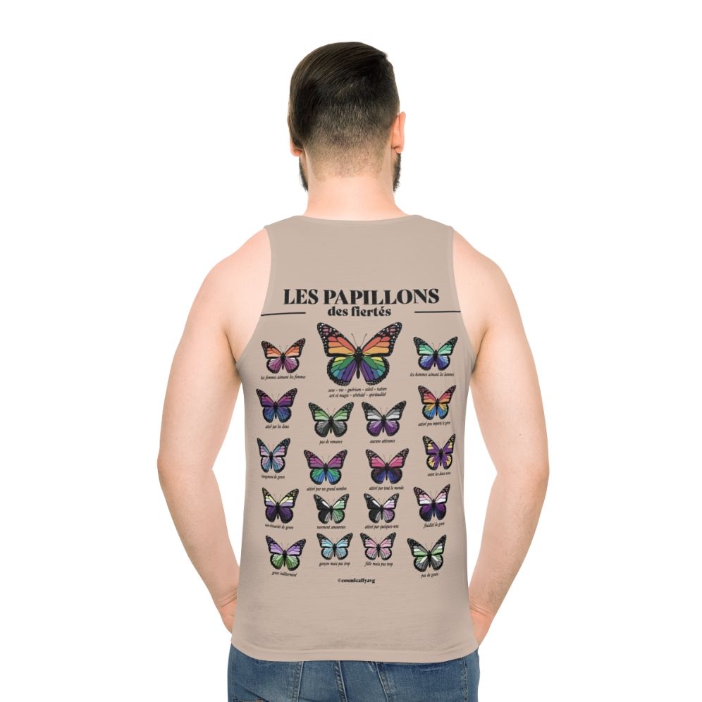 Unisex tank top with a butterfly design for LGBTQ+ pride - men back