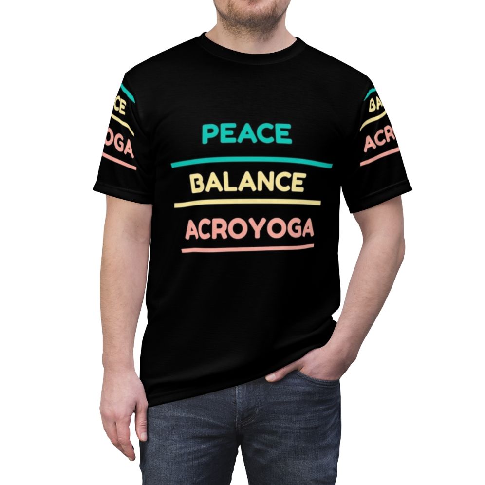 Colorful abstract design with "Peace Balance Acroyoga" text on a high-quality t-shirt - men front